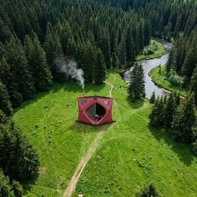 Aerial drone view of tent sauna