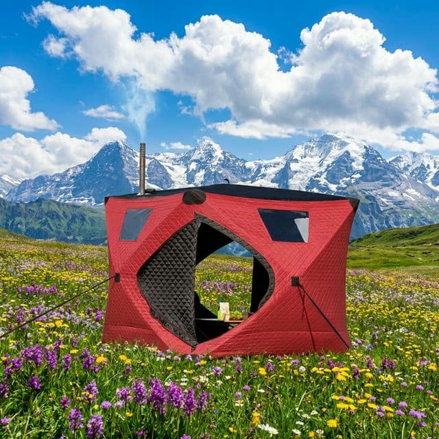Tent sauna with alpine wildflowers