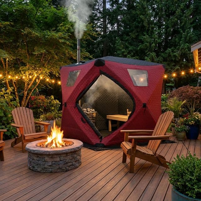 Tent sauna in backyard