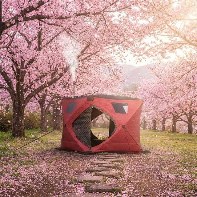 Tent sauna under cherry blossoms