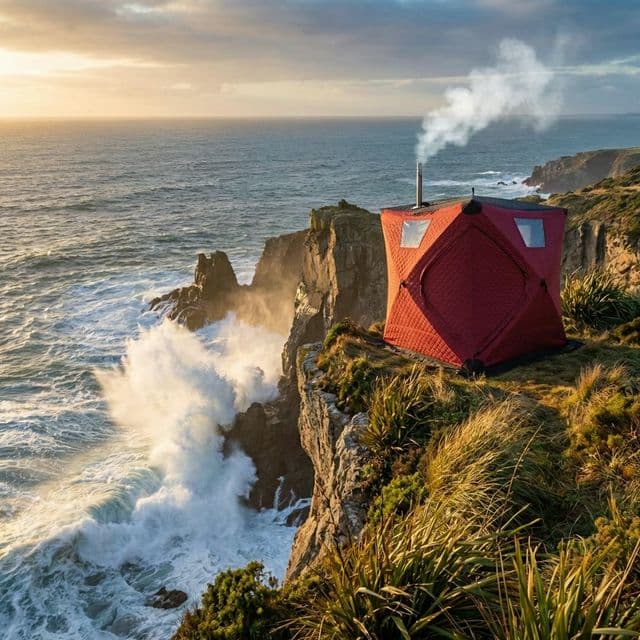 Tent sauna on cliff with ocean view