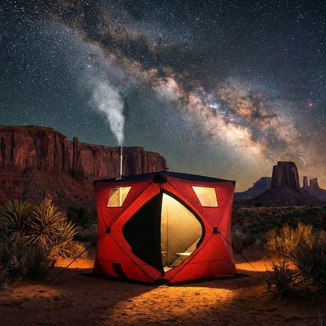 Tent sauna in desert under starry night