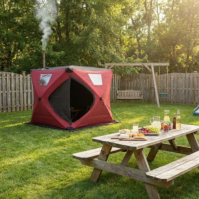 Two people preparing a backyard 2-person infrared sauna routine