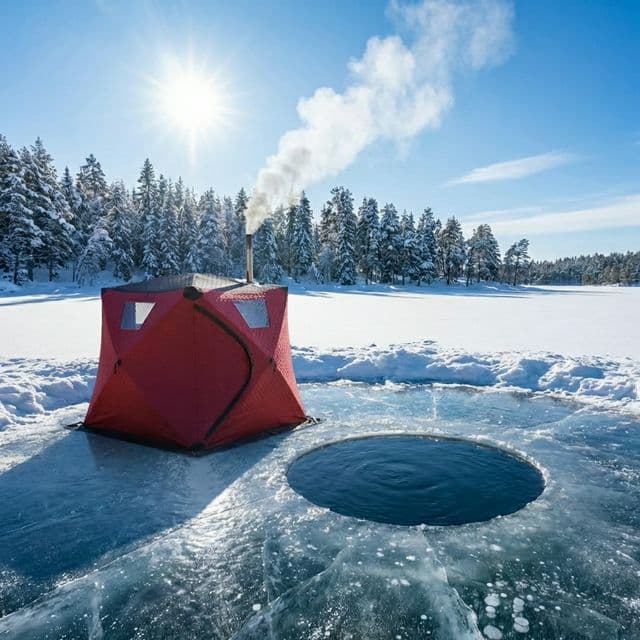 Tent sauna by frozen lake