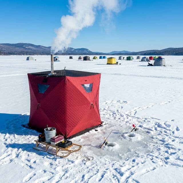 Tent sauna near ice fishing spot