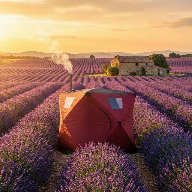 Tent sauna in lavender field