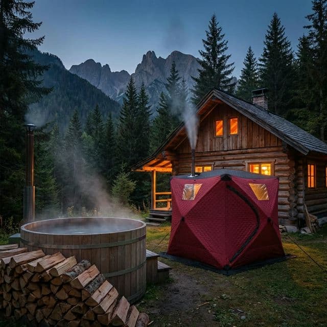 2-person infrared sauna installation near a retreat cabin
