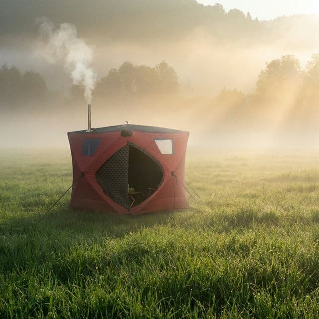 Tent sauna in misty morning meadow