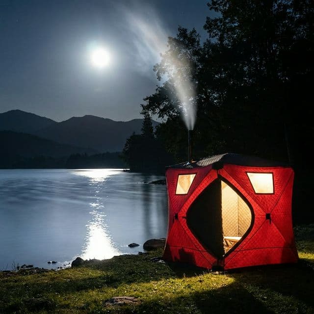 Tent sauna by moonlit lake