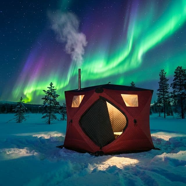 Tent sauna under northern lights