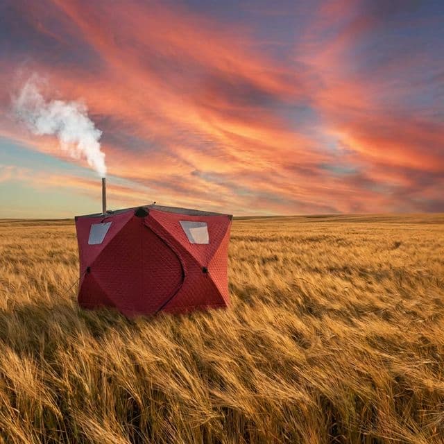 Tent sauna at prairie sunset