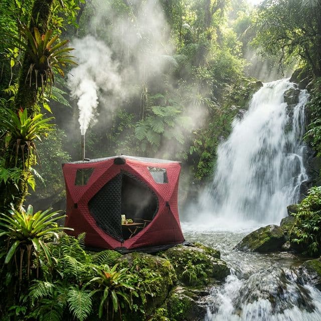 Tent sauna near rainforest waterfall