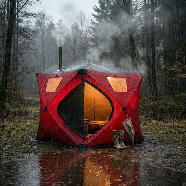 Cozy tent sauna on rainy day