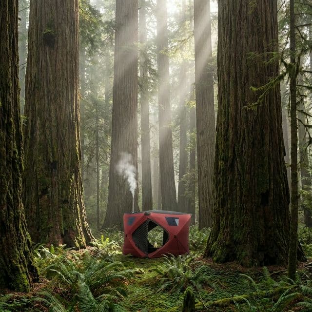 Tent sauna among redwood trees