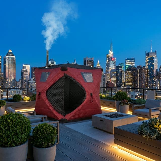 Tent sauna on rooftop with city view