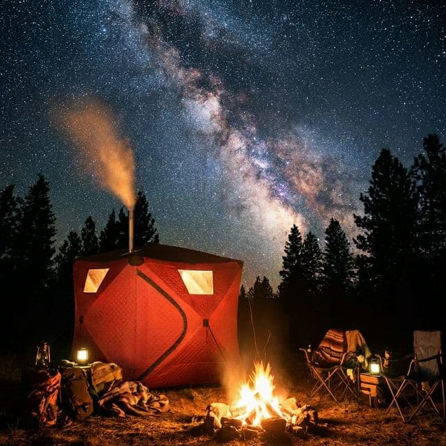 Tent sauna under starry sky with campfire