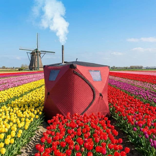 Tent sauna in tulip field