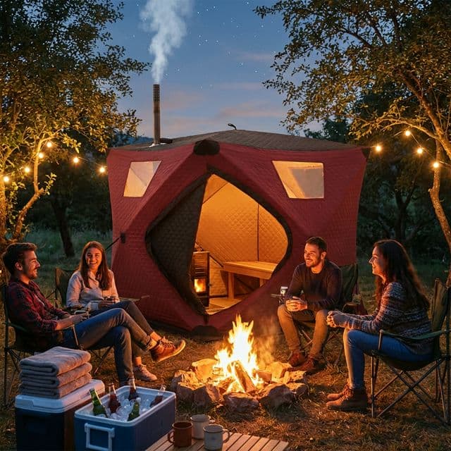 Portable tent sauna camping setup