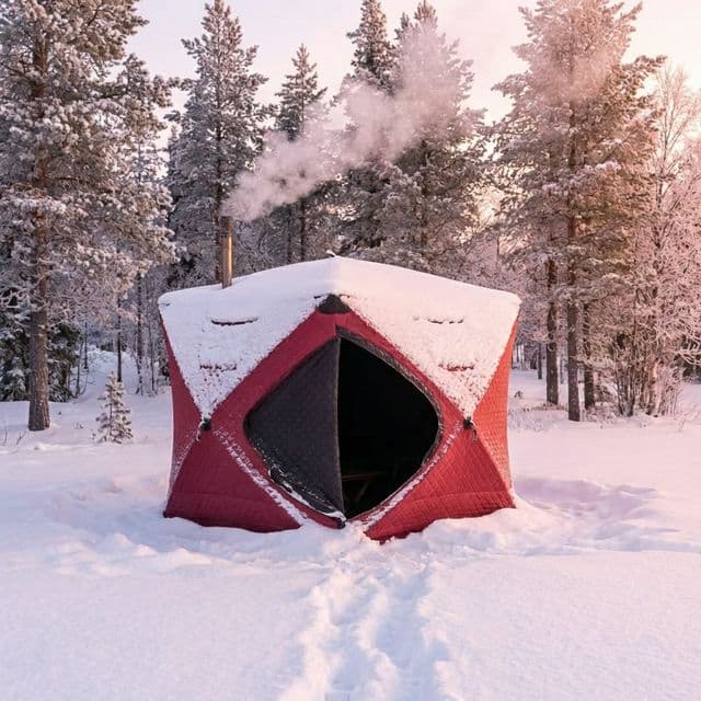 Outdoor sauna tent in winter snow